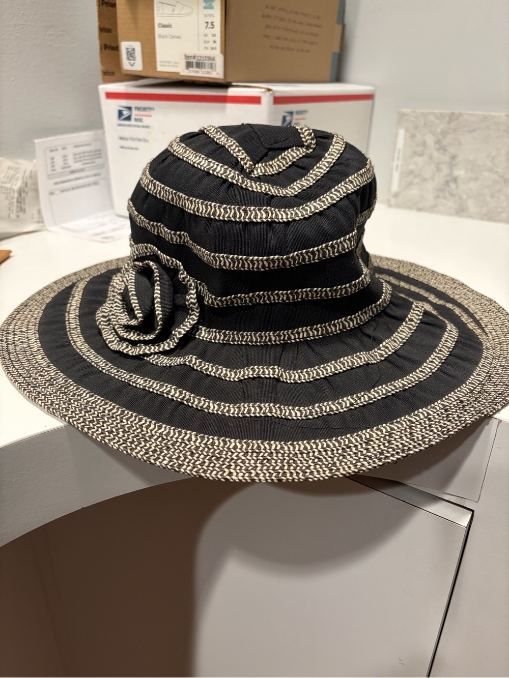Milani Black & Cream Striped Wide-Brim Sun Hat with Floral Accent